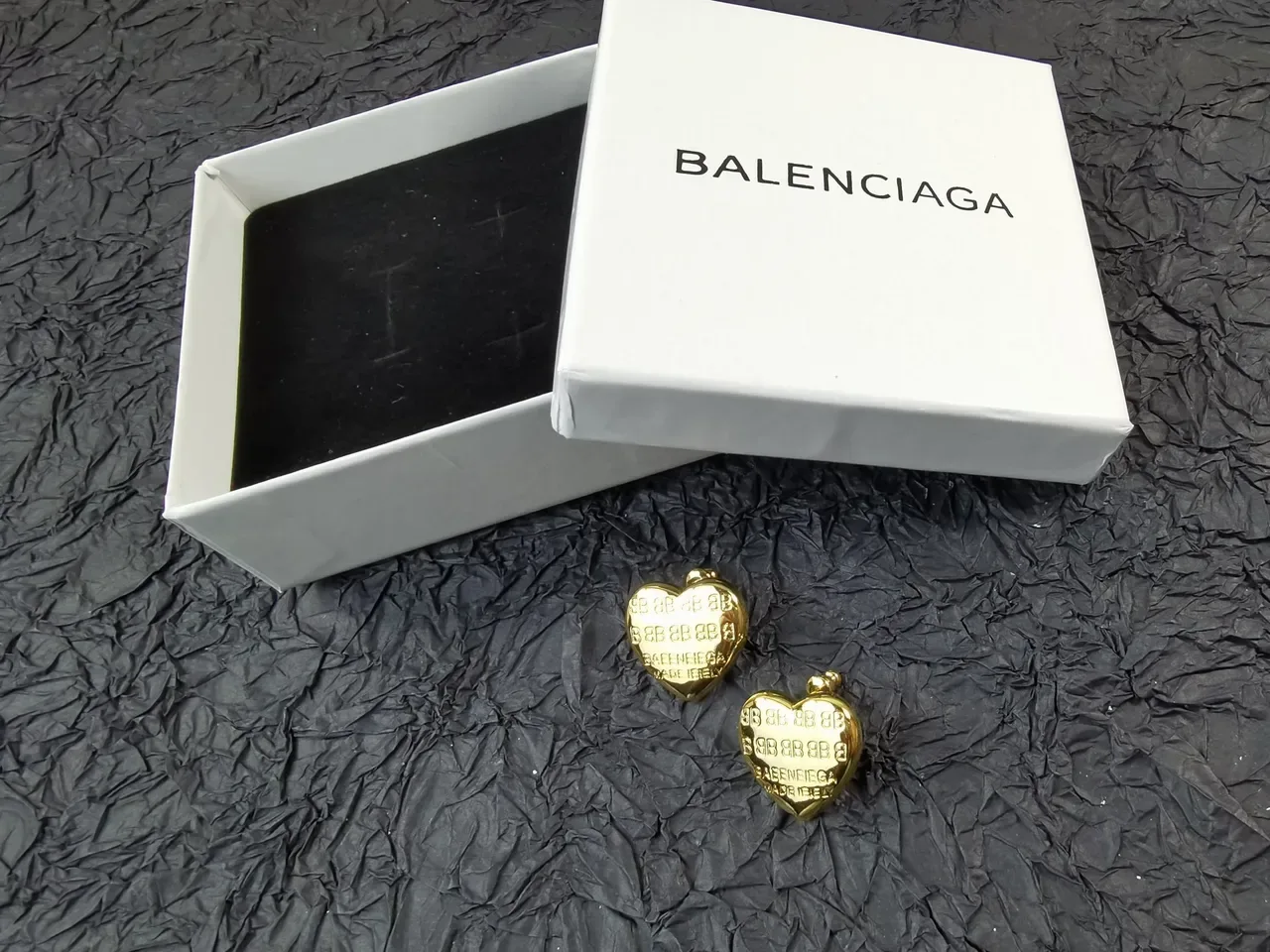 Balenciaga Heart Stud Gold Silver Engraved Monogram Earrings 2