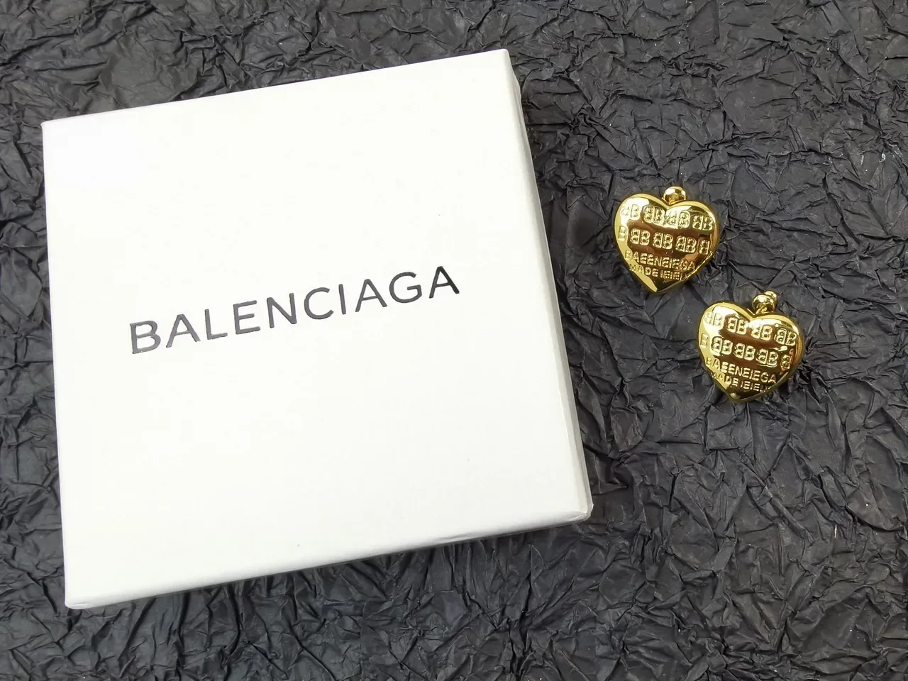 Balenciaga Heart Stud Gold Silver Engraved Monogram Earrings 3