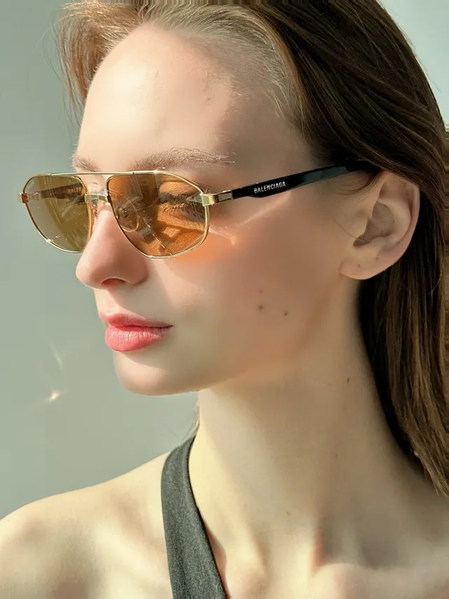 Balenciaga Métal Argenté Marron Style Aviateur Forme Angulaire de Lentille Lunettes de Soleil 9