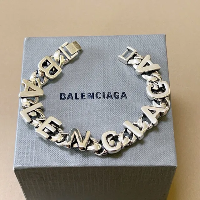 Balenciaga Silver Chunky Curb-Link Chain 3D Raised Lettering Bracelet 2
