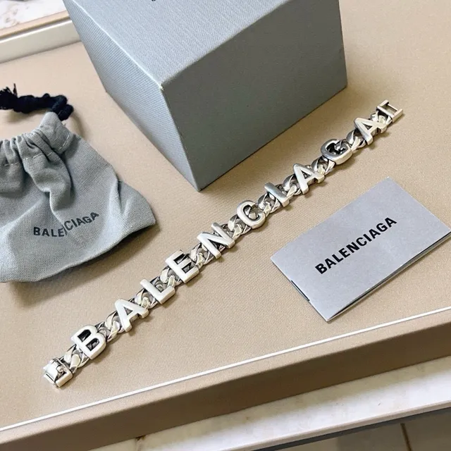 Balenciaga Silver Chunky Curb-Link Chain 3D Raised Lettering Bracelet 3