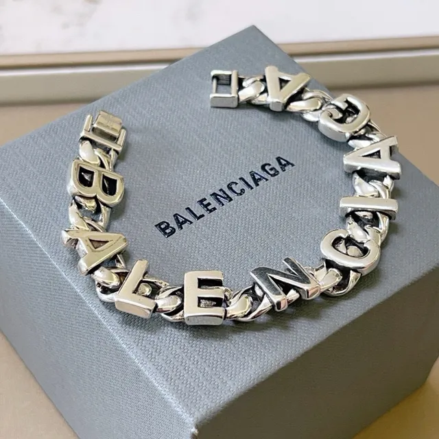 Balenciaga Silver Chunky Curb-Link Chain 3D Raised Lettering Bracelet 7