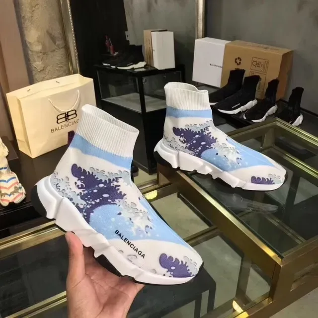 Balenciaga Speed Trainer Wave-Print White Blue Lifestyle Sneakers 5