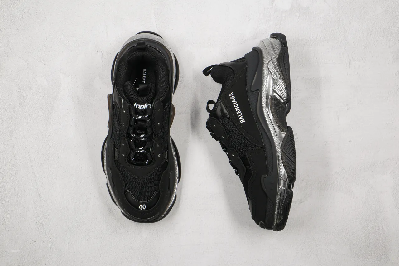 Balenciaga Triple S Black and Silver Chunky Sneakers 8