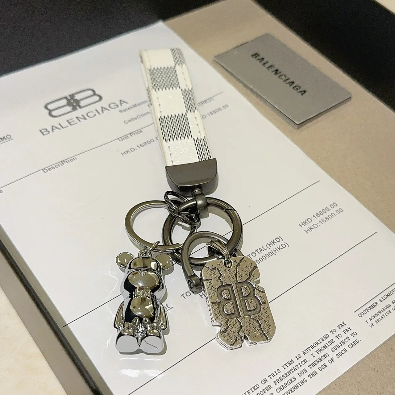 Balenciaga White Silver Checkered Leather Strap Polished Metal Phone Accessory 3