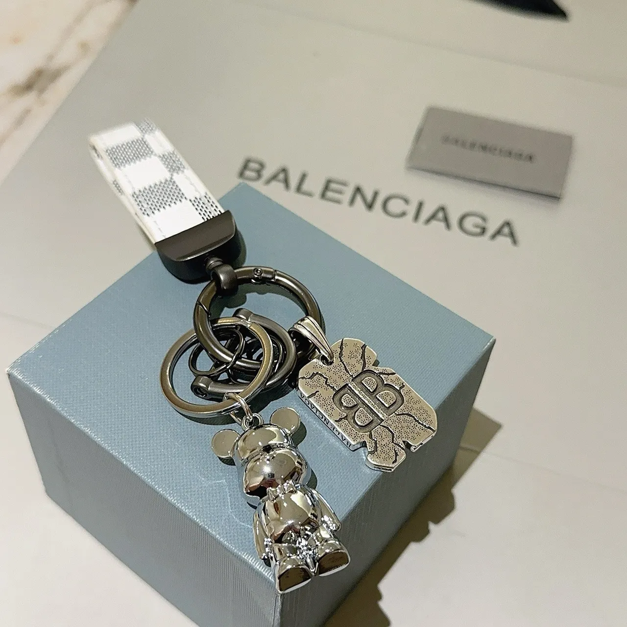 Balenciaga White Silver Checkered Leather Strap Polished Metal Phone Accessory 4