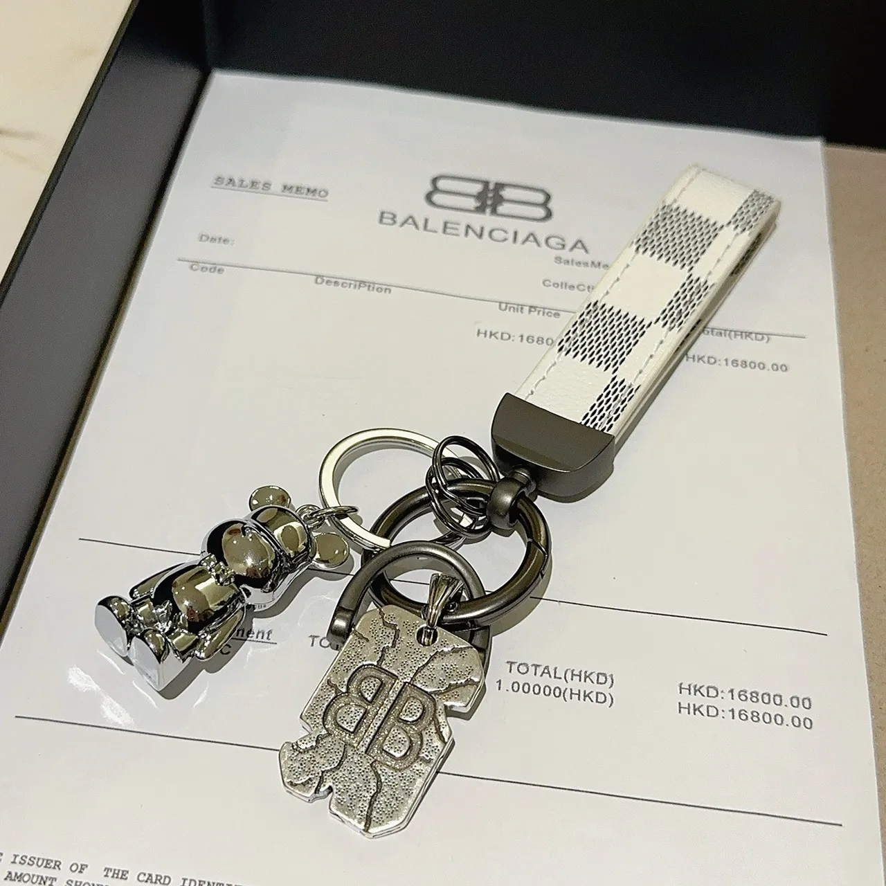 Balenciaga White Silver Checkered Leather Strap Polished Metal Phone Accessory 5