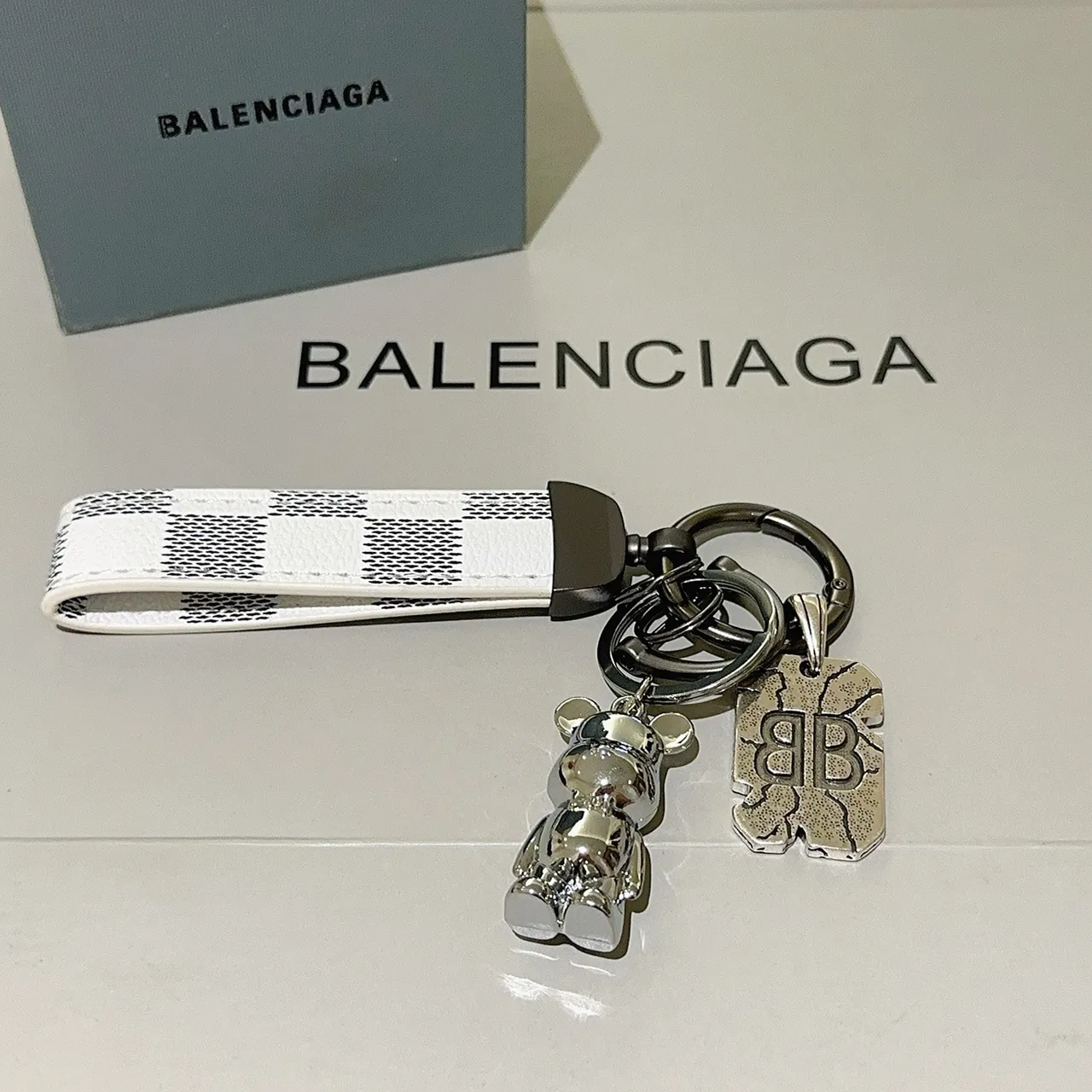 Balenciaga White Silver Checkered Leather Strap Polished Metal Phone Accessory 6
