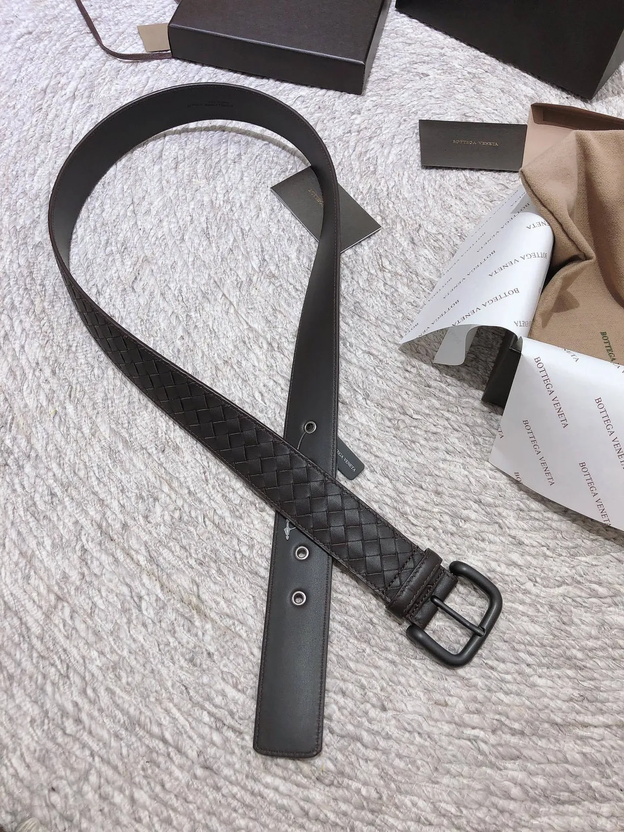 Bottega Veneta Intrecciato Cinturón Marrón Negro Tejido Mate Hebilla Cinturón de Cuero 5
