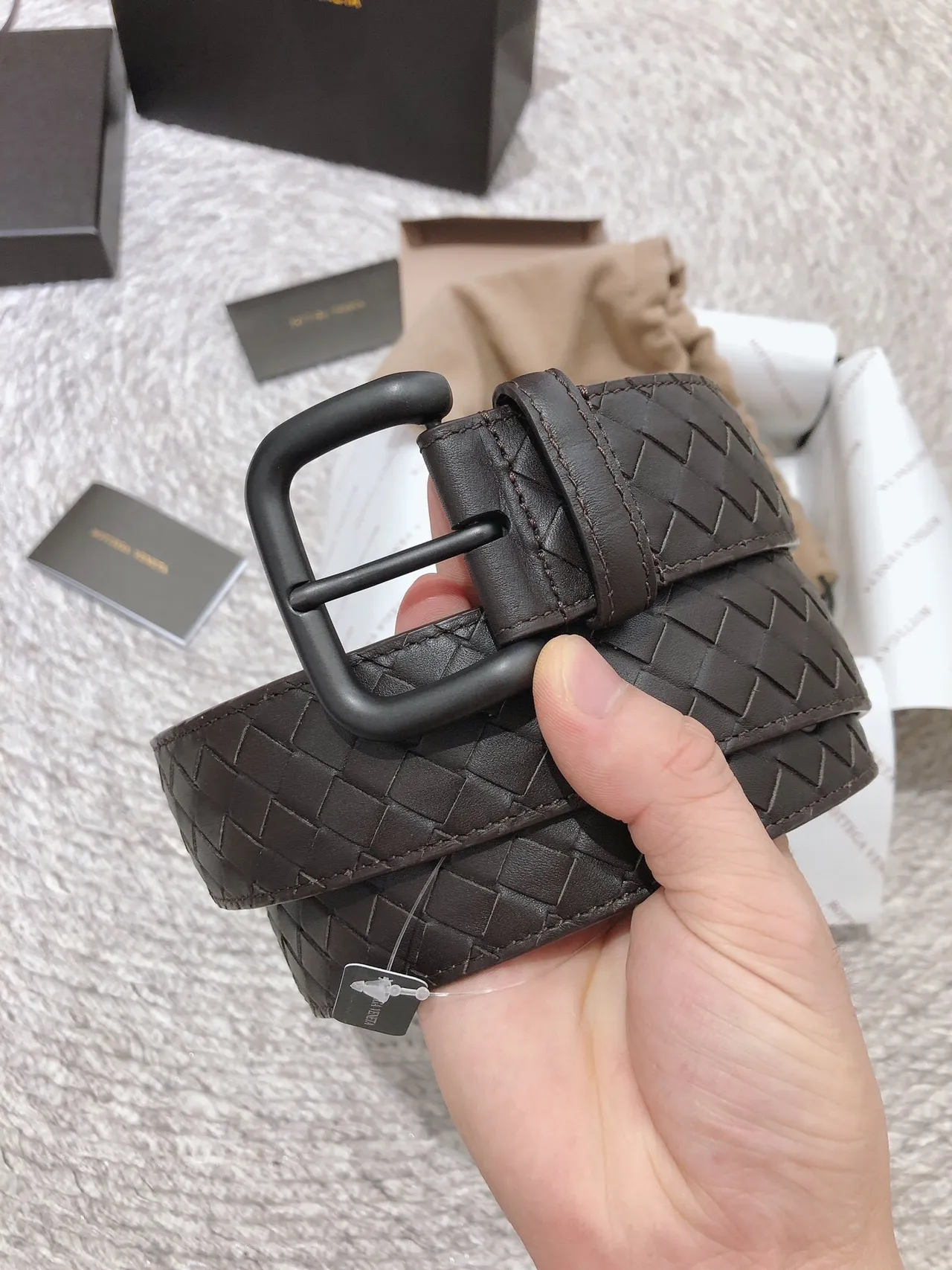Bottega Veneta Intrecciato Cinturón Marrón Negro Tejido Mate Hebilla Cinturón de Cuero 6