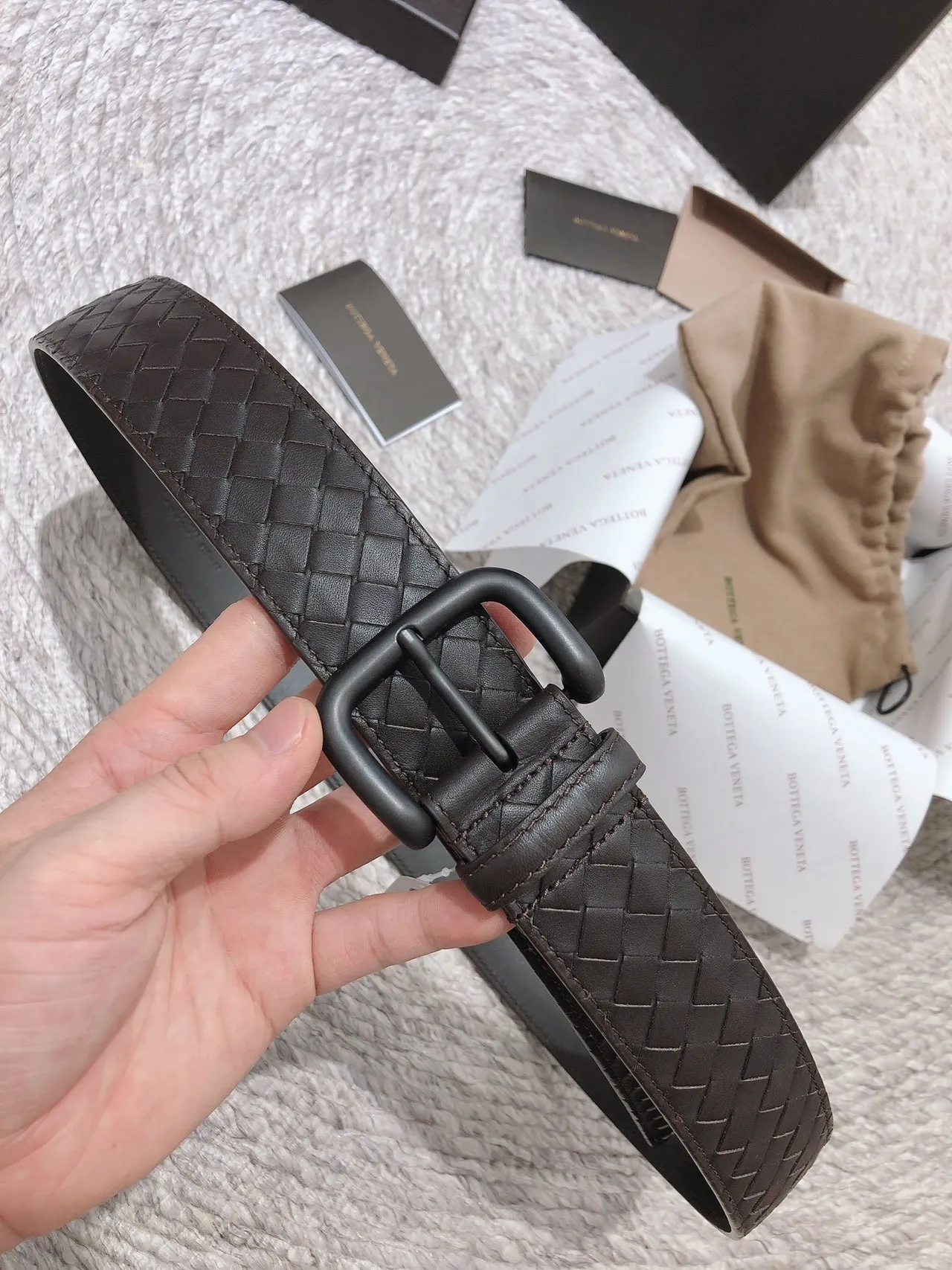 Bottega Veneta Intrecciato Cinturón Marrón Negro Tejido Mate Hebilla Cinturón de Cuero 8