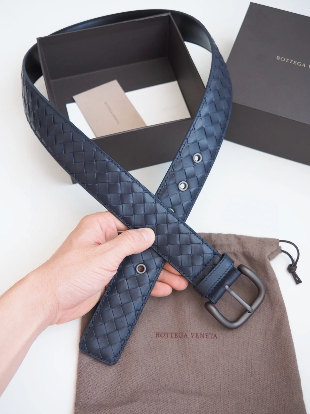 Bottega Veneta Intrecciato Belt Navy Blue Leather Belt 3