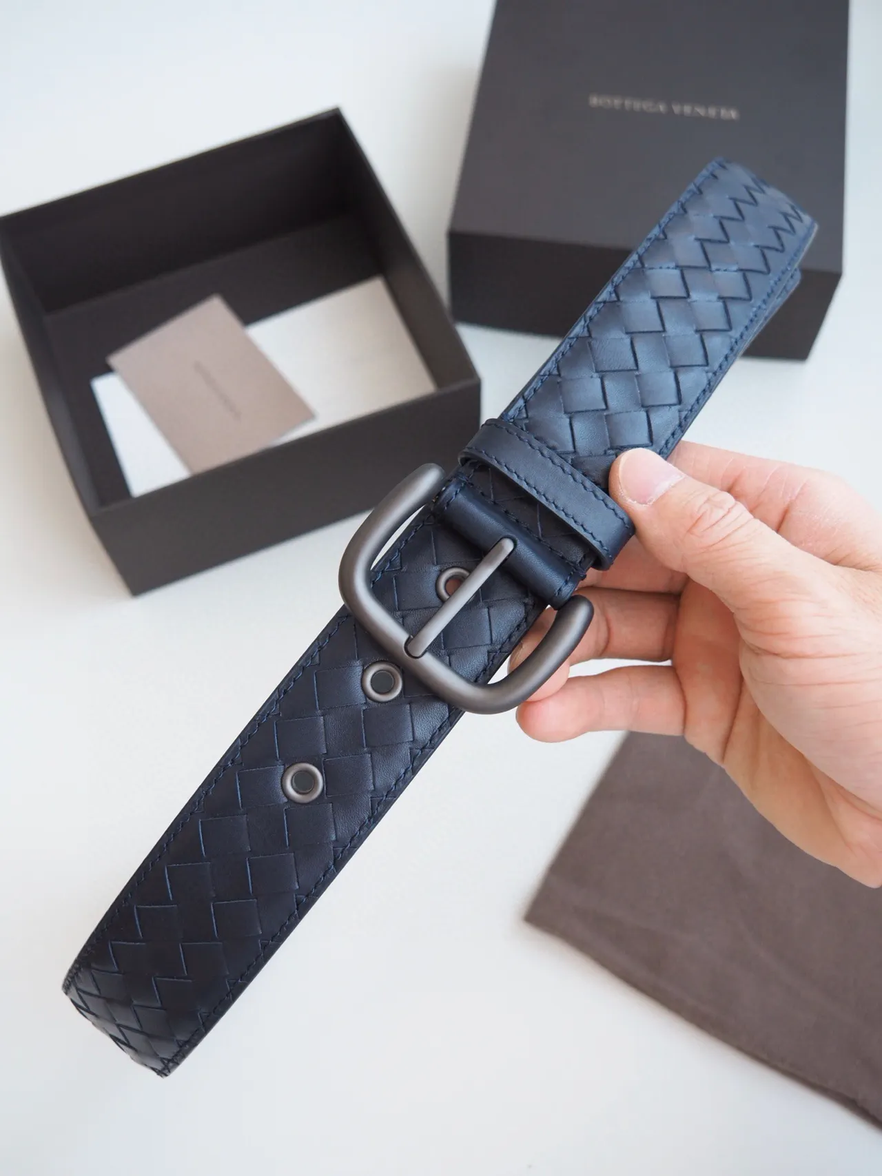 Bottega Veneta Intrecciato Belt Navy Blue Leather Belt 7
