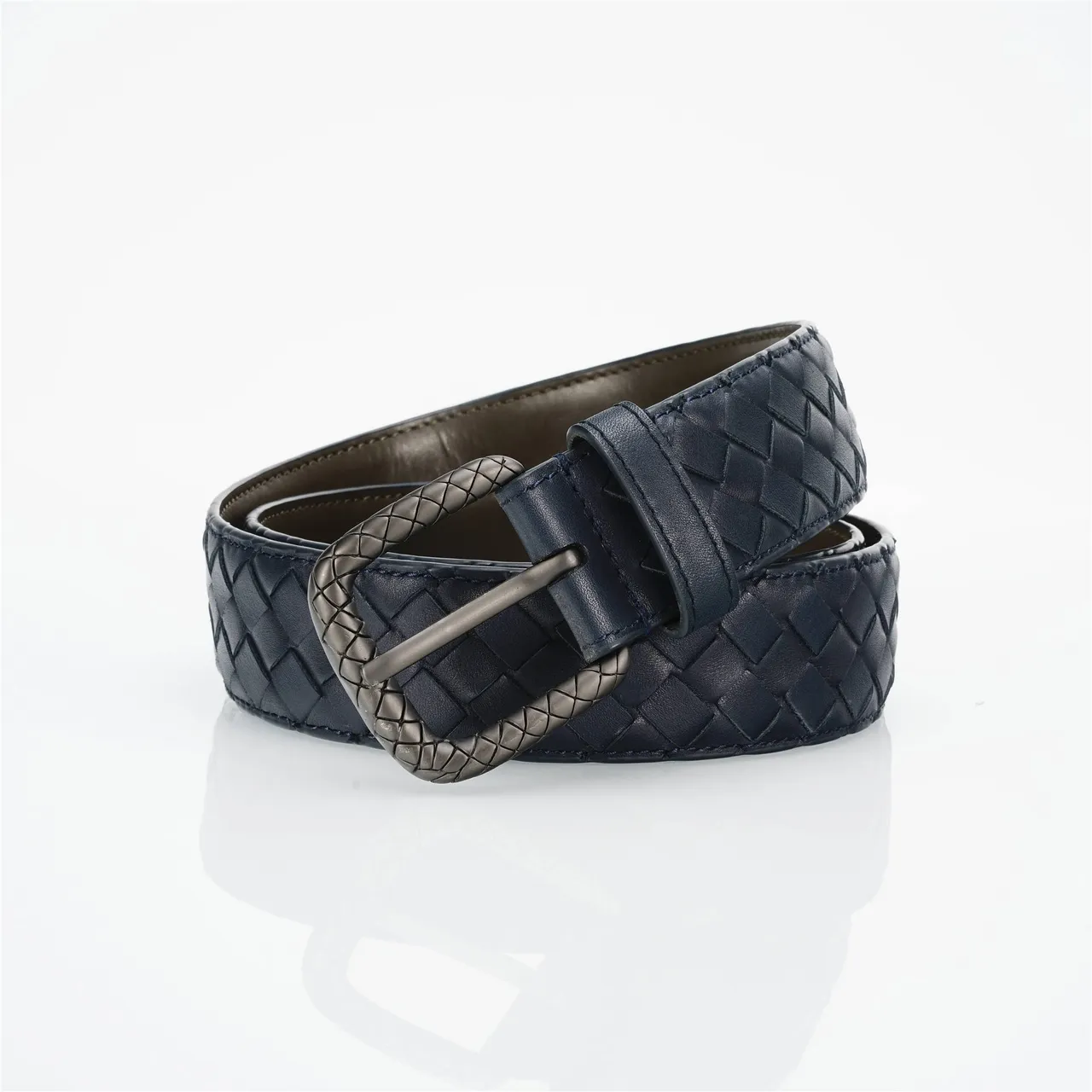 Bottega Veneta Intrecciato Woven Navy Leather Belt 4