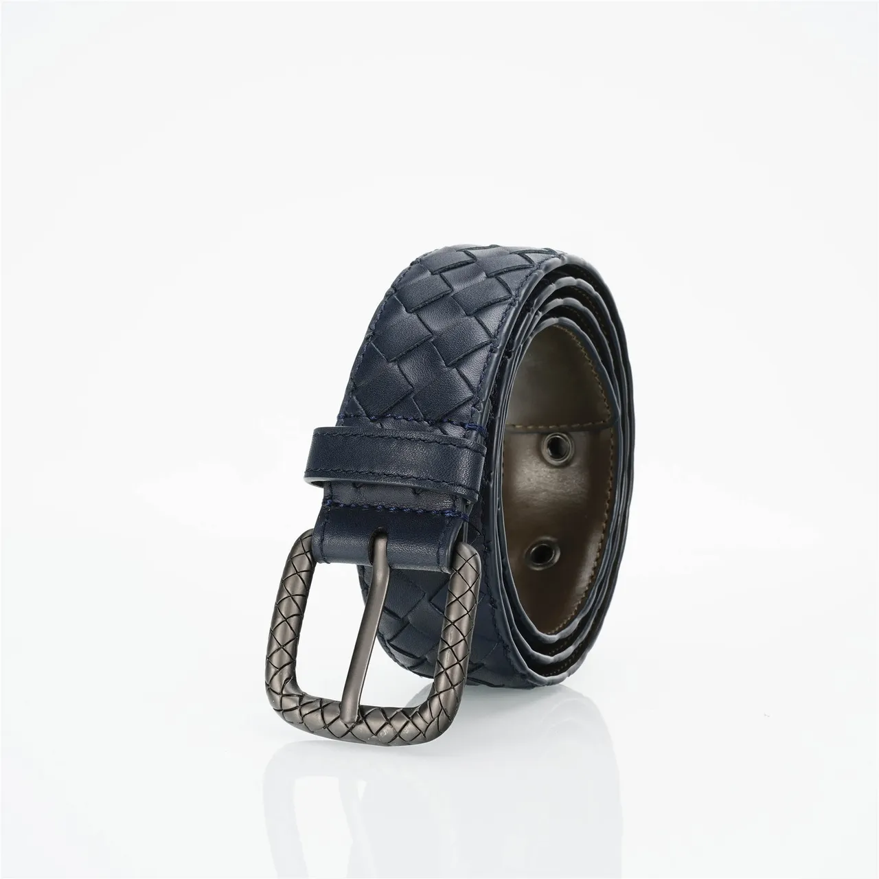 Bottega Veneta Intrecciato Woven Navy Leather Belt 7