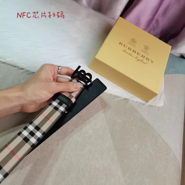 Burberry بيج أسود Nova Check TB Monogram مشبك حزام قماش 6