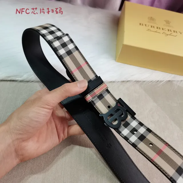 Burberry بيج أسود Nova Check TB Monogram مشبك حزام قماش 7