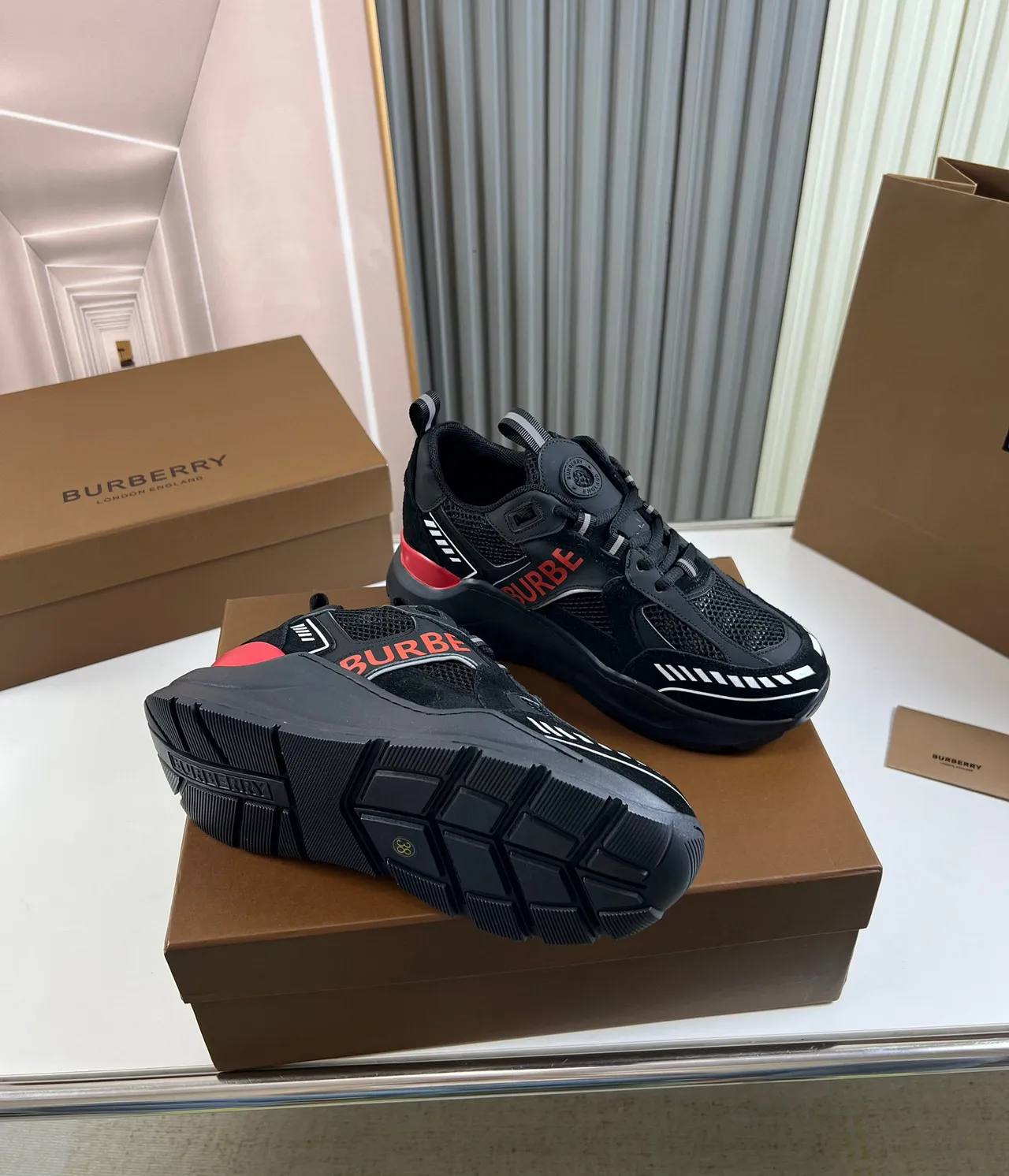 Burberry Black Red Sole Mesh And Suede Upper Chunky Sneakers 5