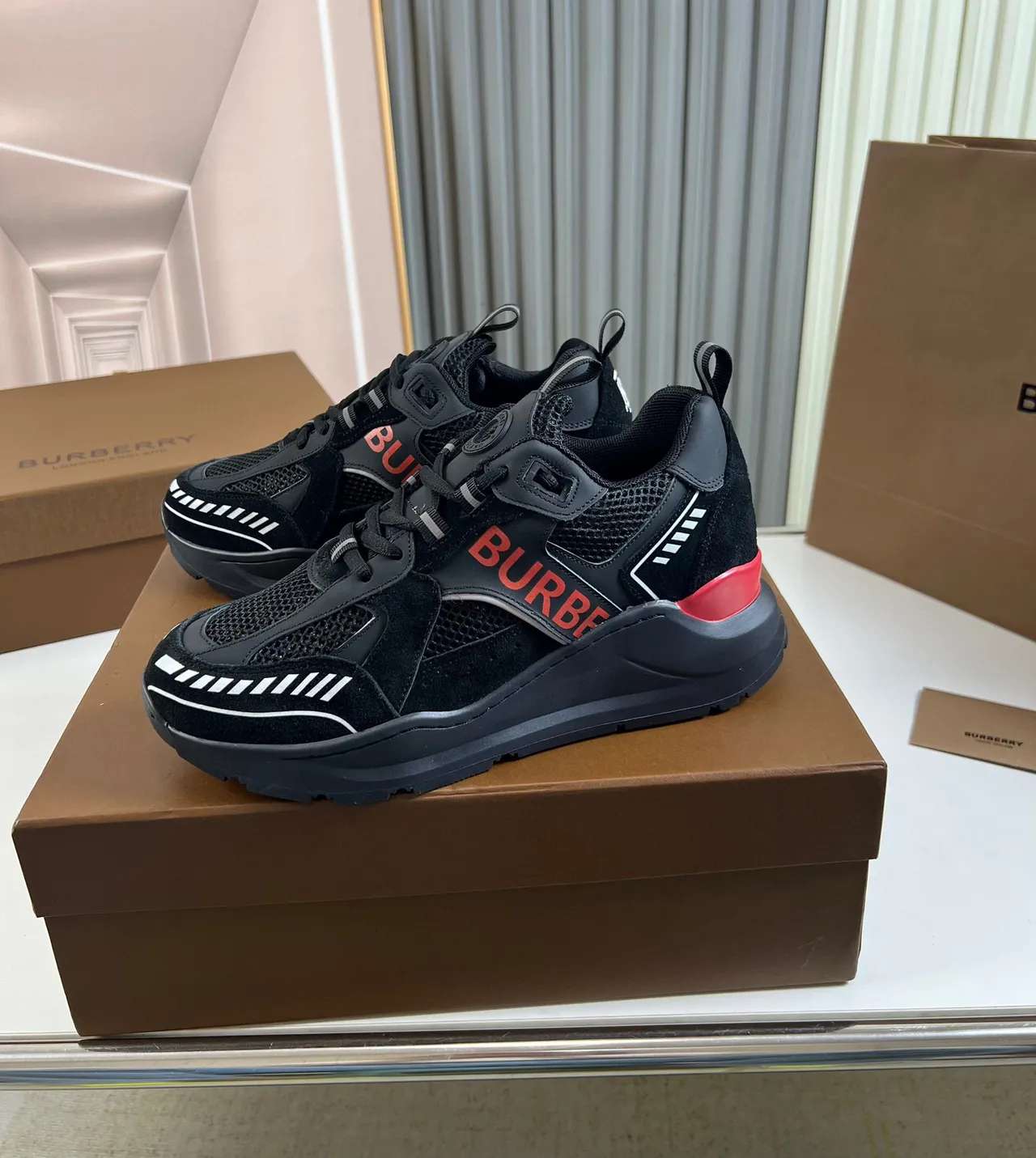 Burberry Black Red Sole Mesh And Suede Upper Chunky Sneakers 7