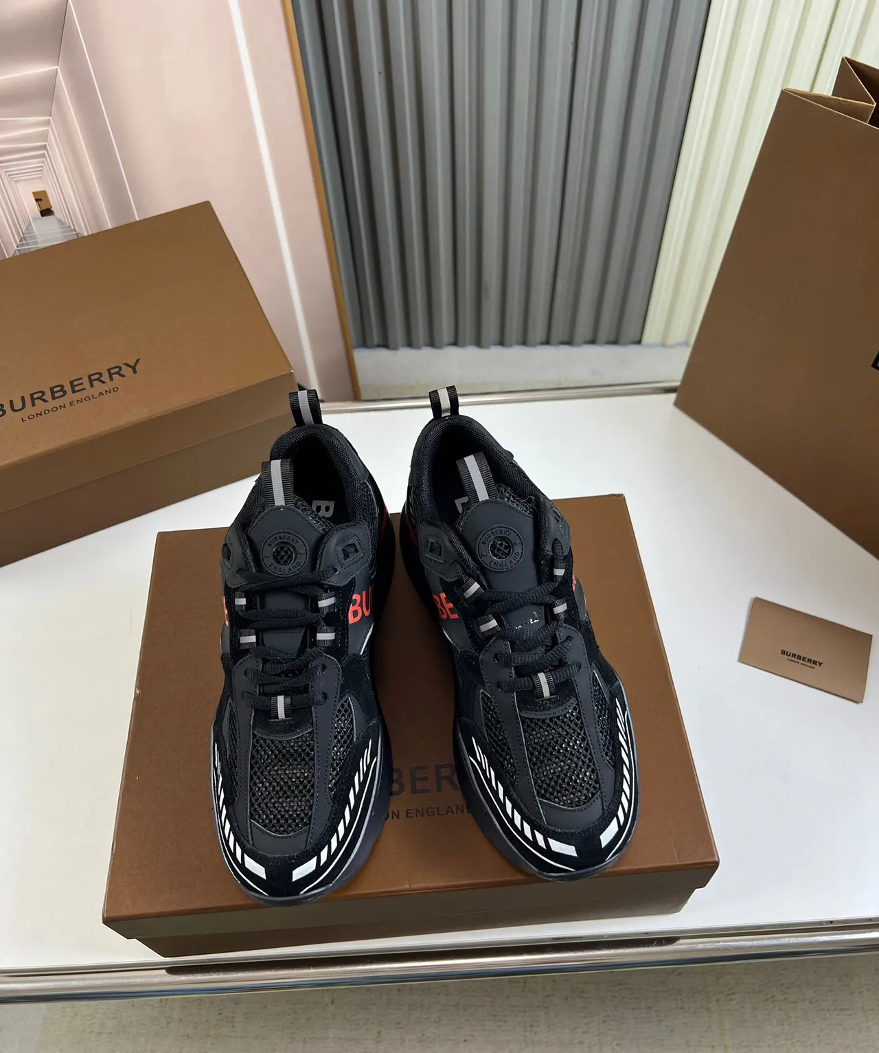 Burberry Black Red Sole Mesh And Suede Upper Chunky Sneakers 8