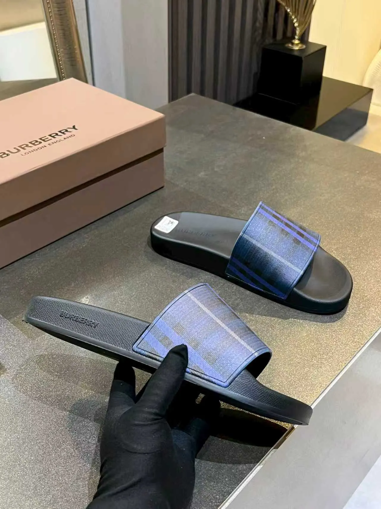 Burberry Check Strap Black Slippers 4