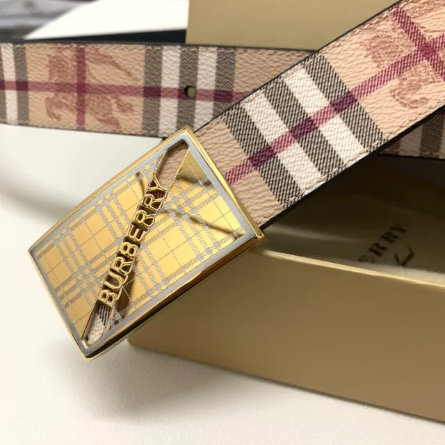 Burberry Knight Nova Check Beige Burgundy Leather Belt 6