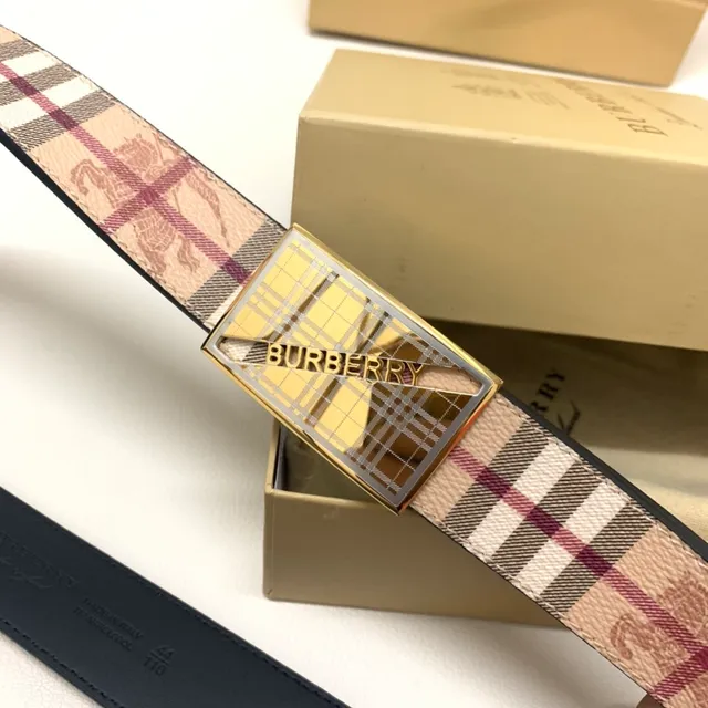 Burberry Knight Nova Check Beige Burgundy Leather Belt 7
