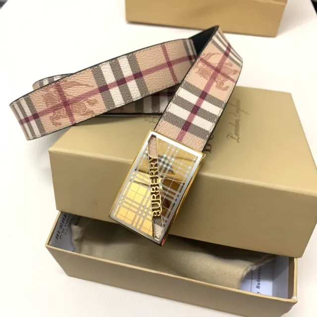 Burberry Knight Nova Check Beige Burgundy Leather Belt 8
