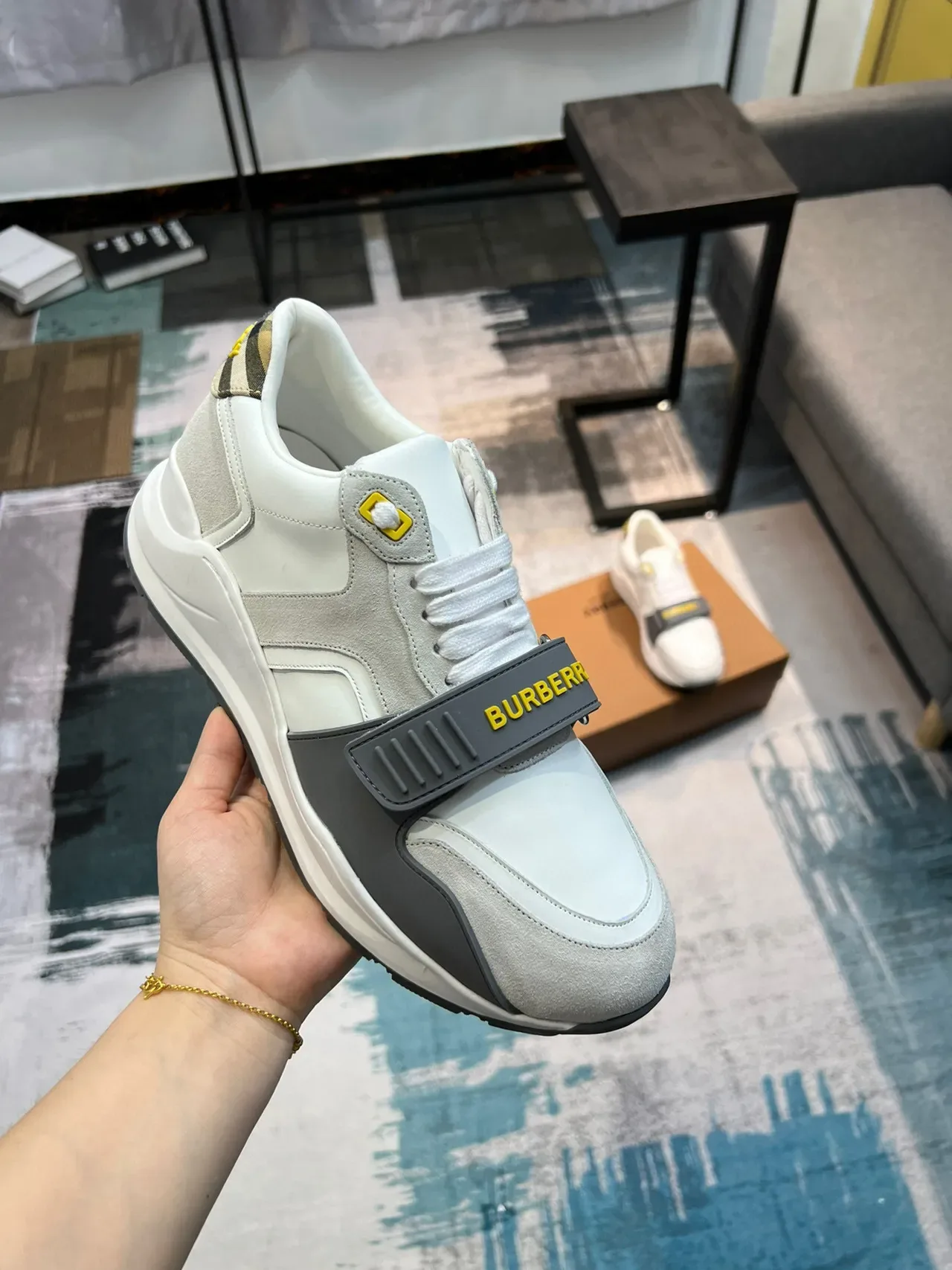 Burberry Knight White Gray Midsole Mixed-Material Upper Chunky Sneakers 6