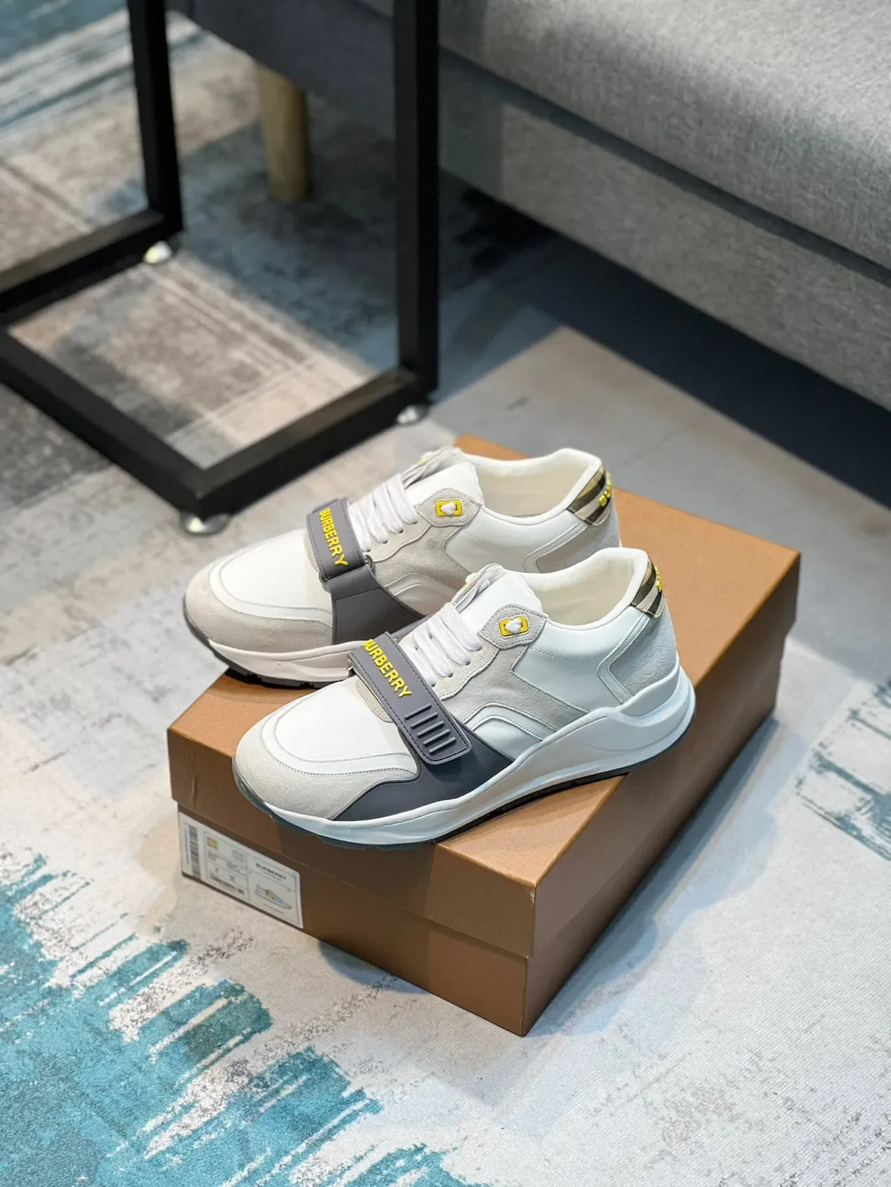Burberry Knight White Gray Midsole Mixed-Material Upper Chunky Sneakers 7