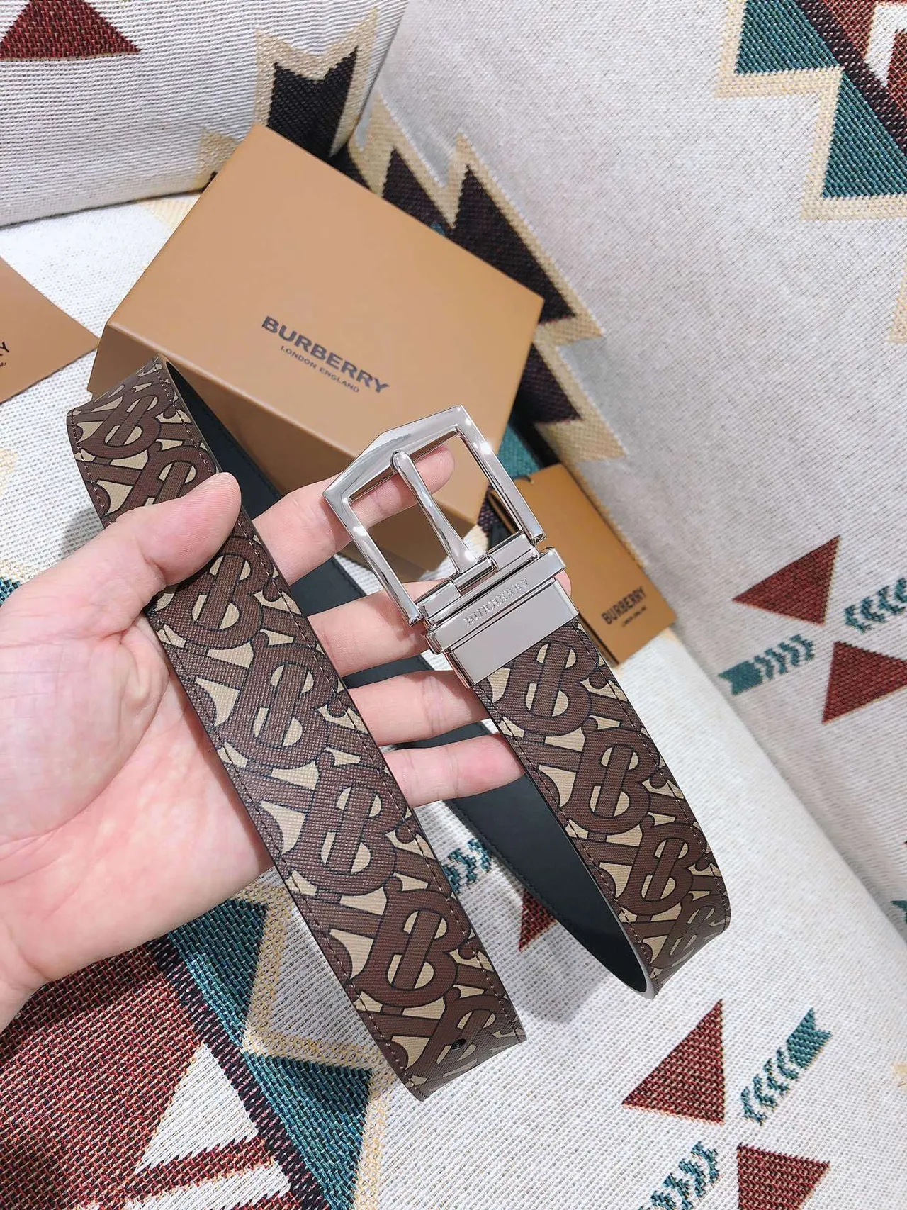 Burberry Monogram Belt Brown Beige Reversible Leather Belt 2