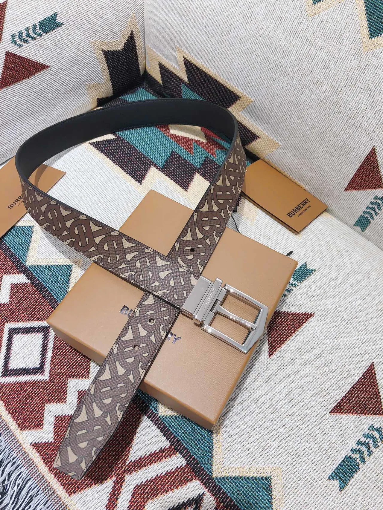 Burberry Monogram Belt Brown Beige Reversible Leather Belt 3