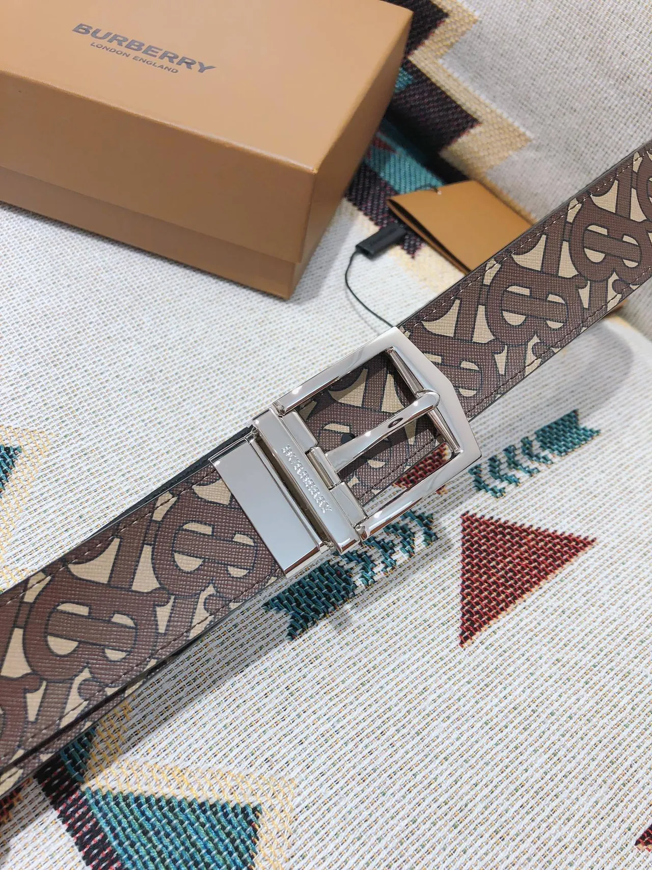 Burberry Monogram Belt Brown Beige Reversible Leather Belt 6