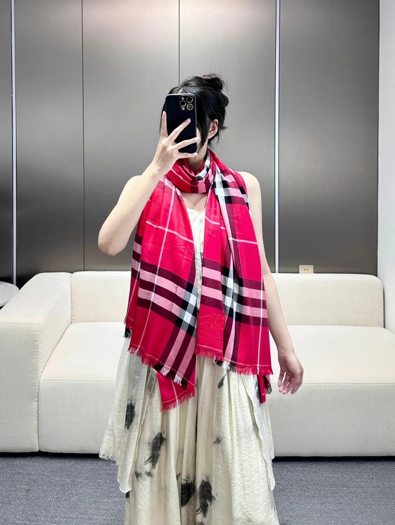 Burberry Nova Check Châle Rouge Multicolore Oversized Frangée 9