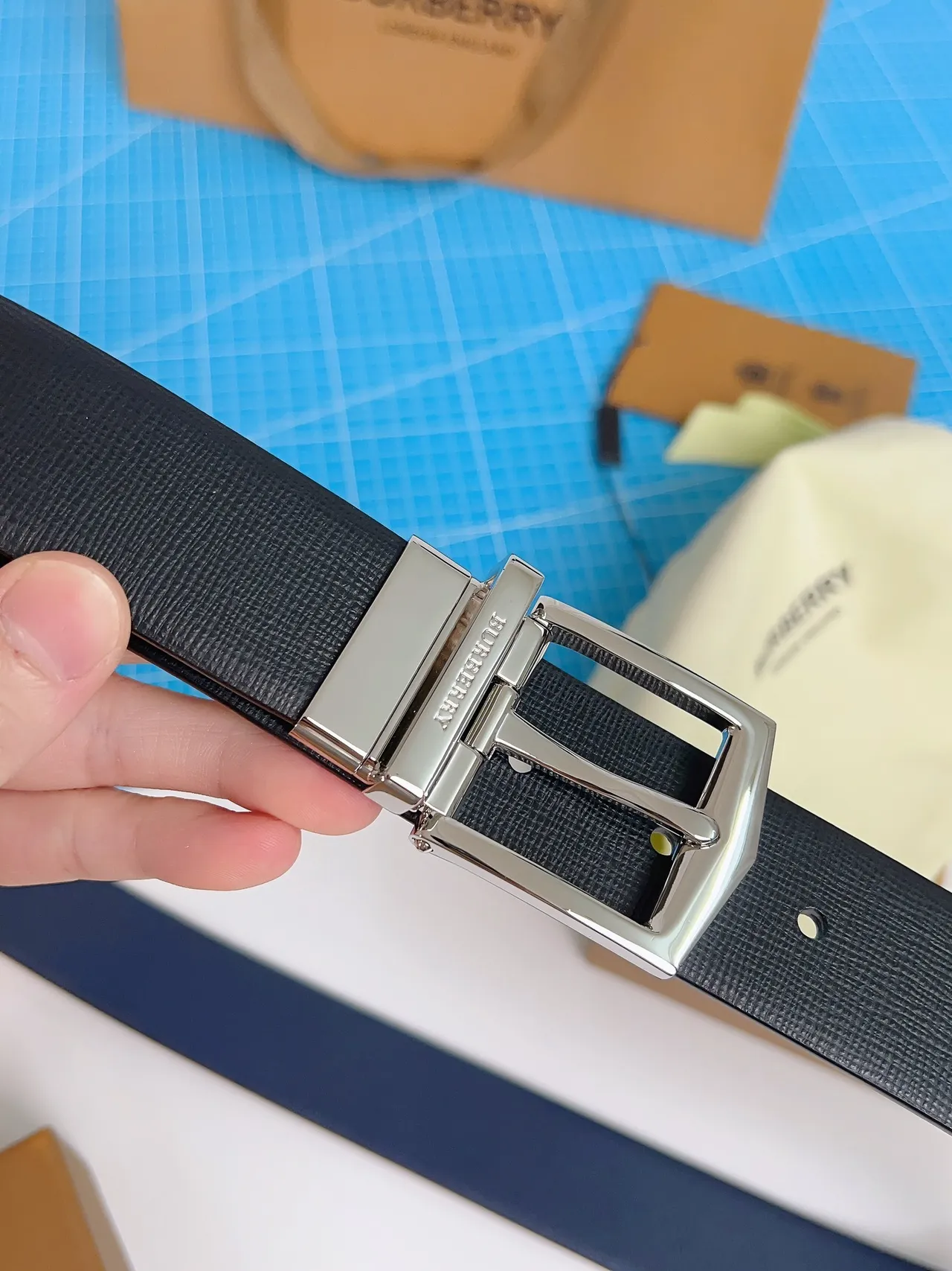 Burberry Reversible Buckle Black Textured Leather Belt 2