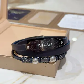 Bvlgari Black Silver Dual-Wrap Leather Engraved Metal Plaque Bracelet