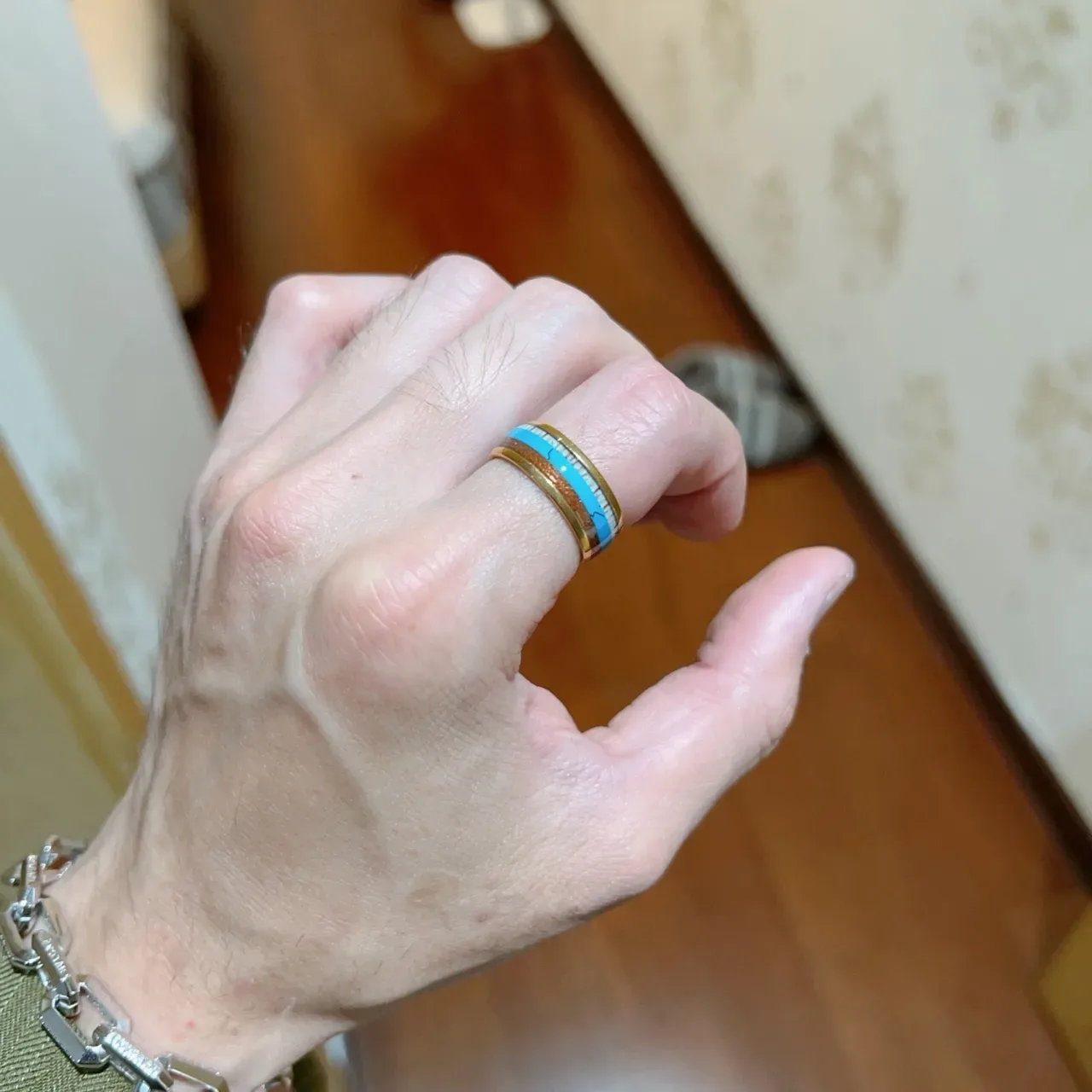 Bvlgari Gold Blue Wide Band Enamel Inlay Ring 2