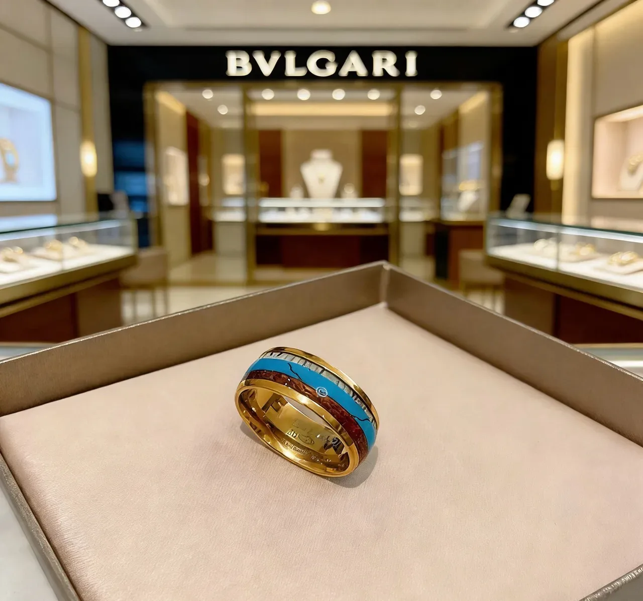 Bvlgari Gold Blue Wide Band Enamel Inlay Ring 3