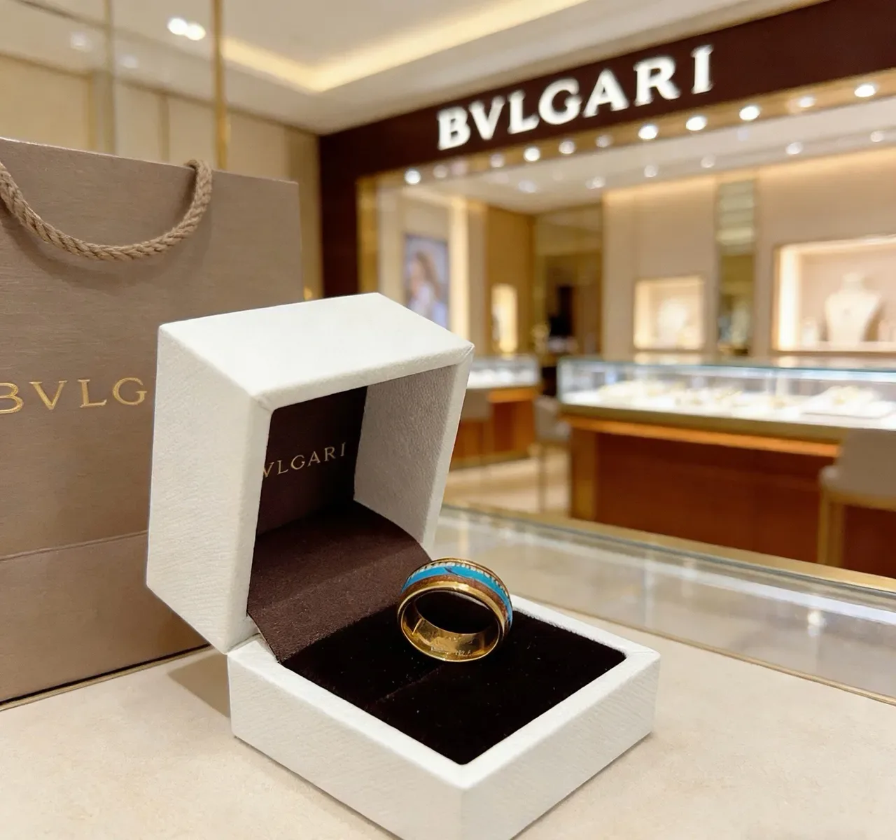 Bvlgari Gold Blue Wide Band Enamel Inlay Ring 4