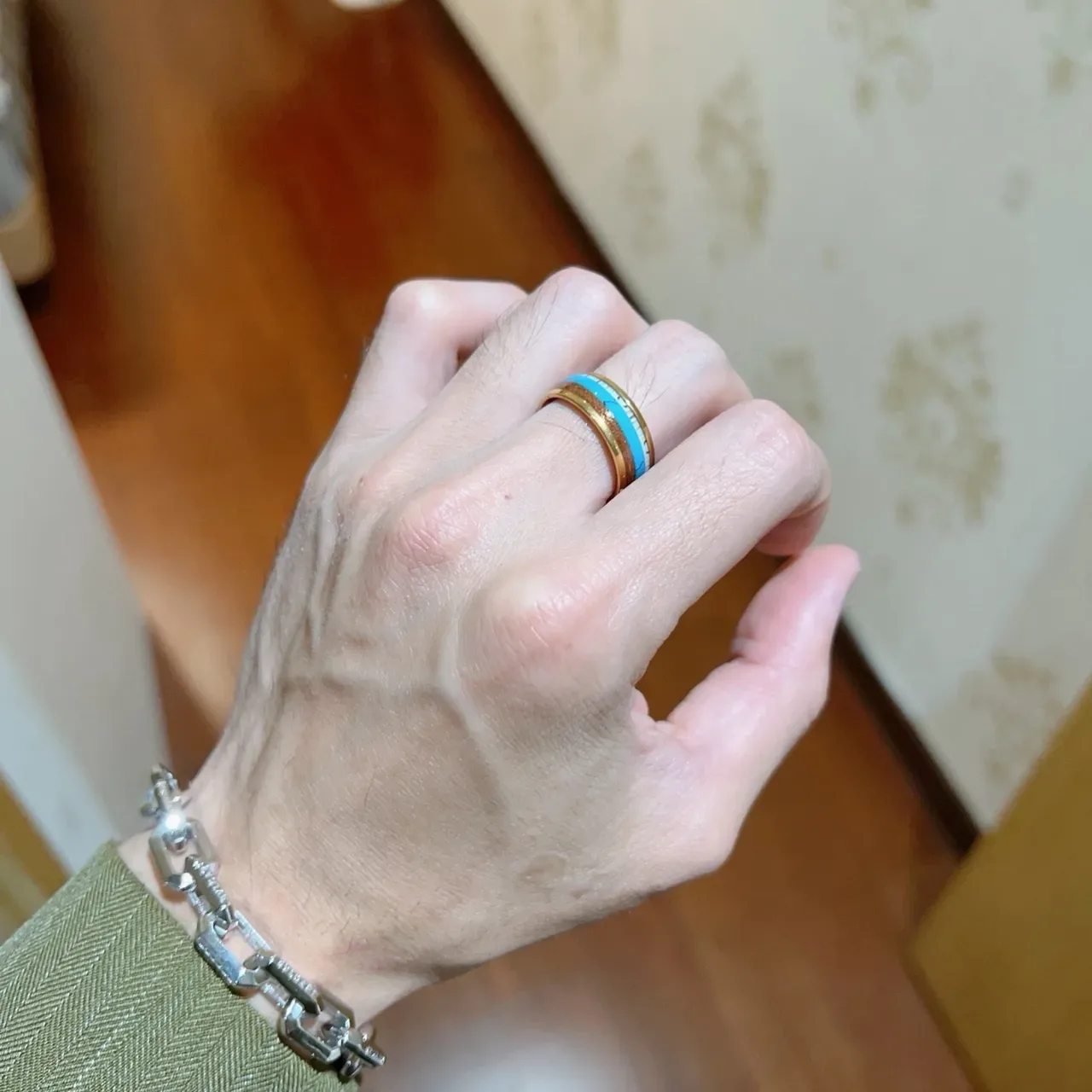 Bvlgari Gold Blue Wide Band Enamel Inlay Ring 5