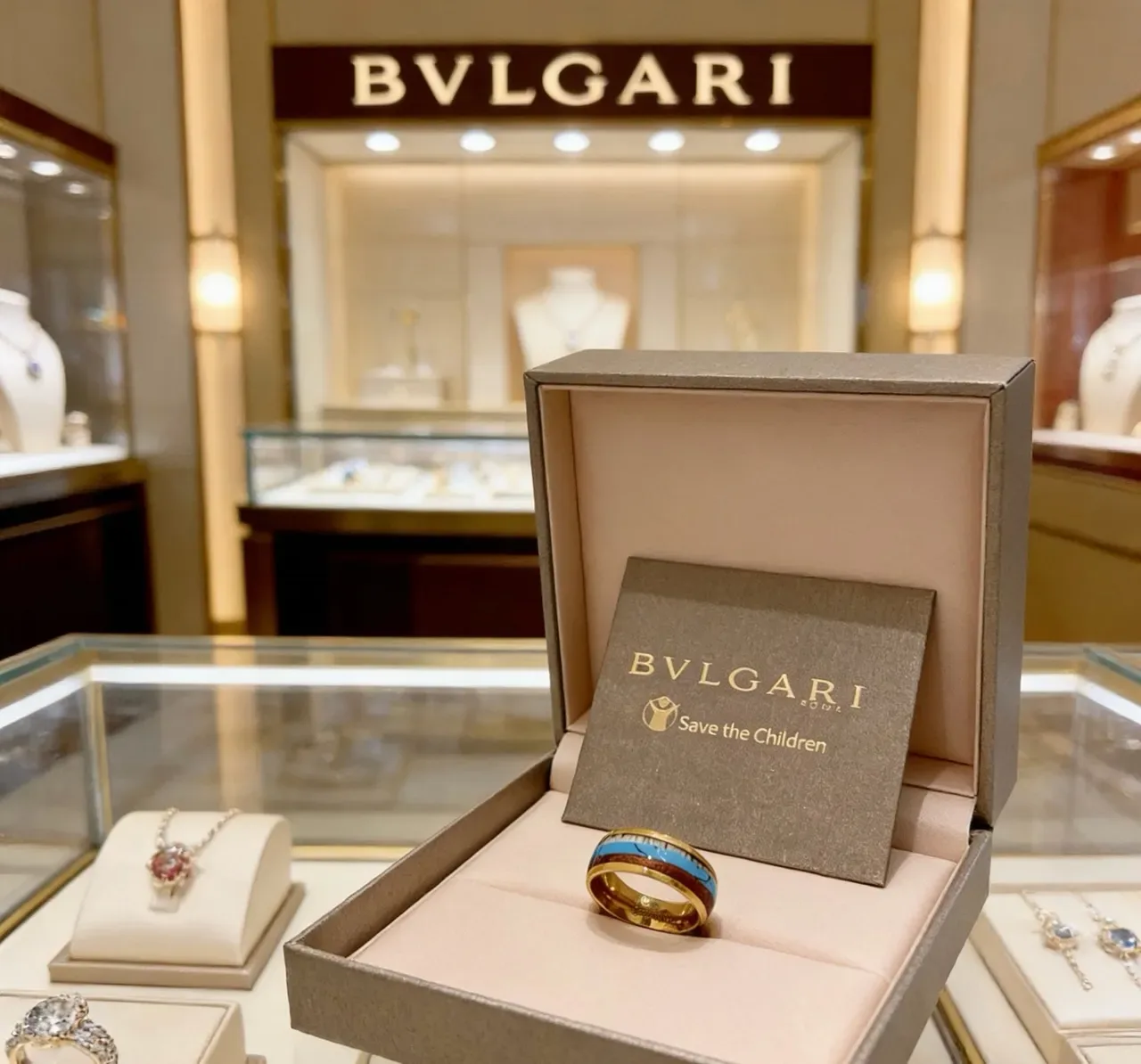 Bvlgari Gold Blue Wide Band Enamel Inlay Ring 6