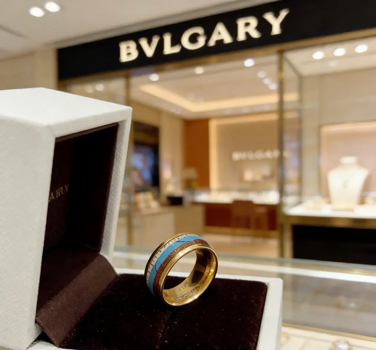 Bvlgari Gold Blue Wide Band Enamel Inlay Ring 7