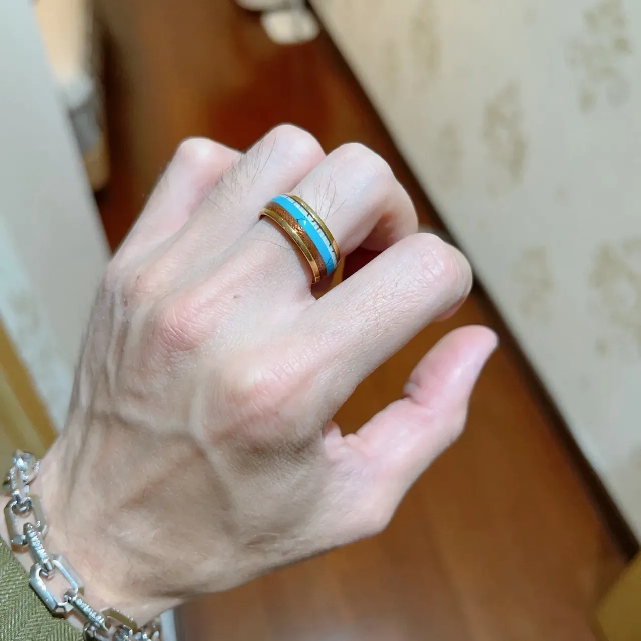 Bvlgari Gold Blue Wide Band Enamel Inlay Ring 8