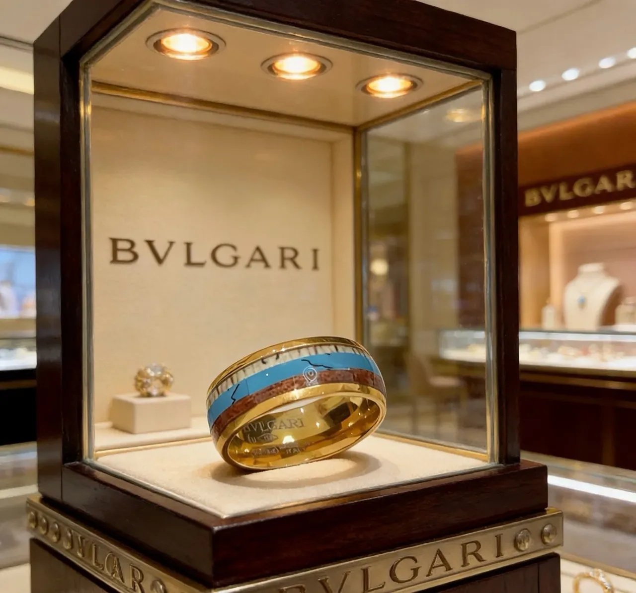 Bvlgari Gold Blue Wide Band Enamel Inlay Ring 9