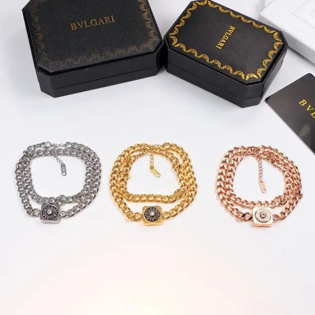 Bvlgari चांदी सोना मोटी Curb Chain चौकोर लॉगो पेंडेंट नेकलेस 2
