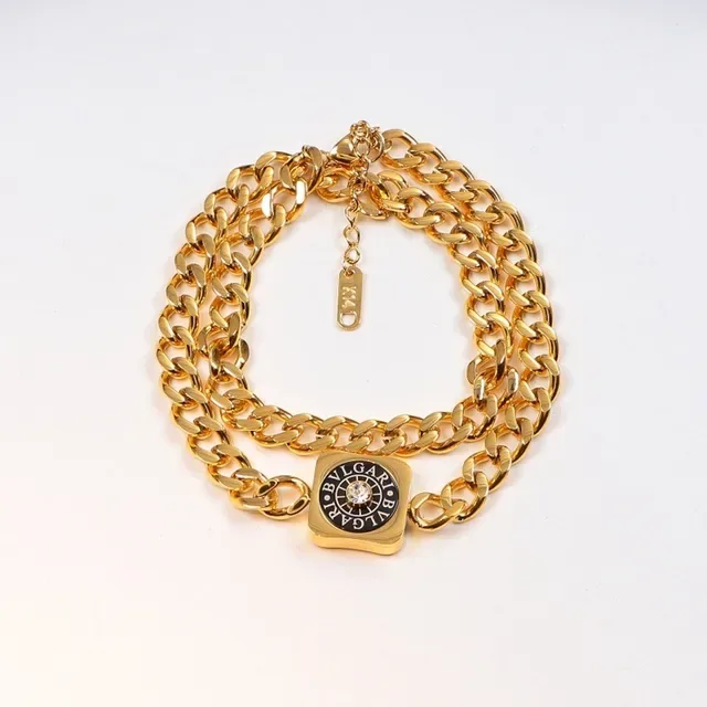 Bvlgari चांदी सोना मोटी Curb Chain चौकोर लॉगो पेंडेंट नेकलेस 5