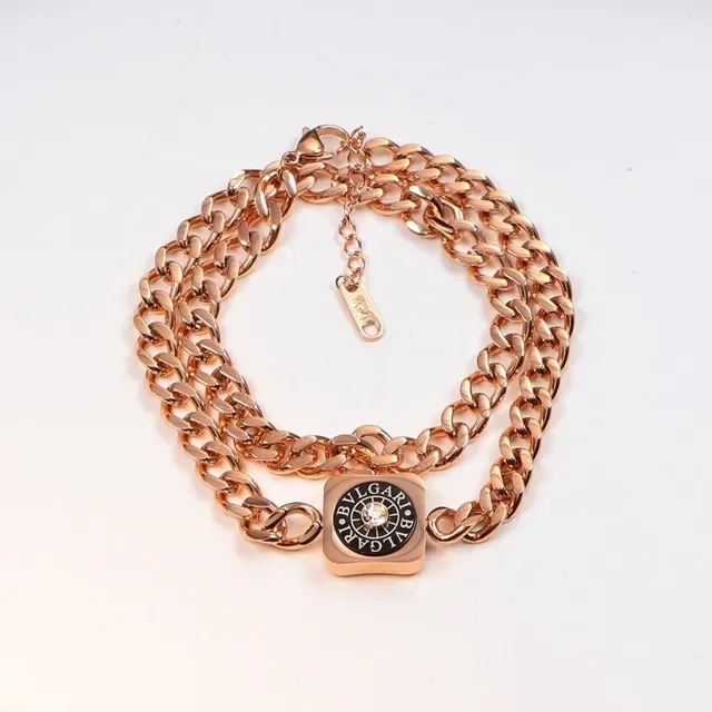Bvlgari चांदी सोना मोटी Curb Chain चौकोर लॉगो पेंडेंट नेकलेस 6