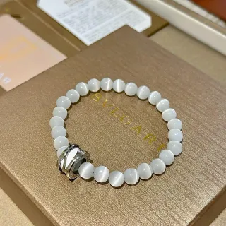 Bvlgari White Silver Cat's-Eye Stone Beads Multi-Ring Metal Clasp Bracelet