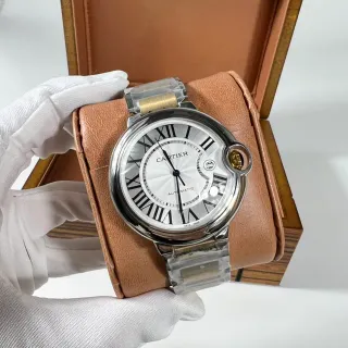 Cartier Ballon Bleu चाँदी सोना टोनो आकार का केस बाह्य क्राउन स्क्रू यांत्रिक घड़ी