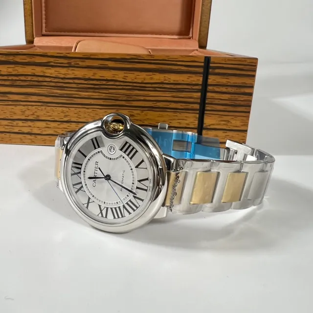 Cartier Ballon Bleu Silver Gold Tonneau-Shaped Case Exposed Crown Screw Mechanical Watch 2
